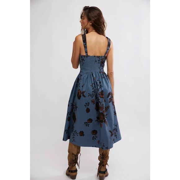 Free People Laters Baby Denim Blue Floral Midi Dress Storm Combo Size L Boho - Picture 3 of 9